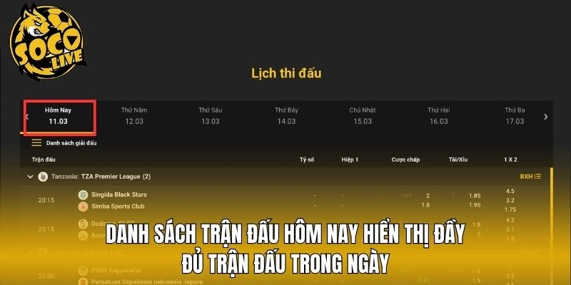 Danh sách trận đấu hôm nay hiển thị đầy đủ trận đấu trong ngày